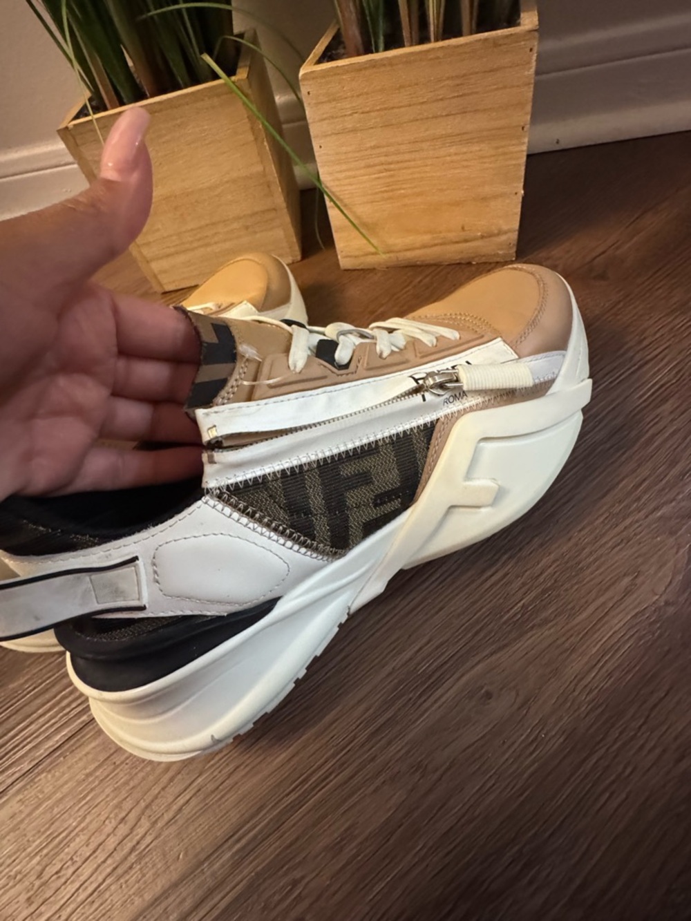 Authentic Fendi Women Beige, Brown and White FF Logo Runner - Picture 3 of 13